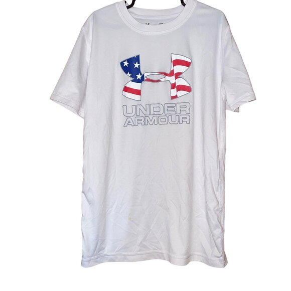 Under Armour Youth Loose Fit White T-Shirt American Flag Logo HeatGear UPF 40 M - Picture 1 of 6